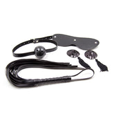SM Four-Piece BDSM Set – Blindfold, Gag, Nipple Covers & Whip, Available in Black & Red